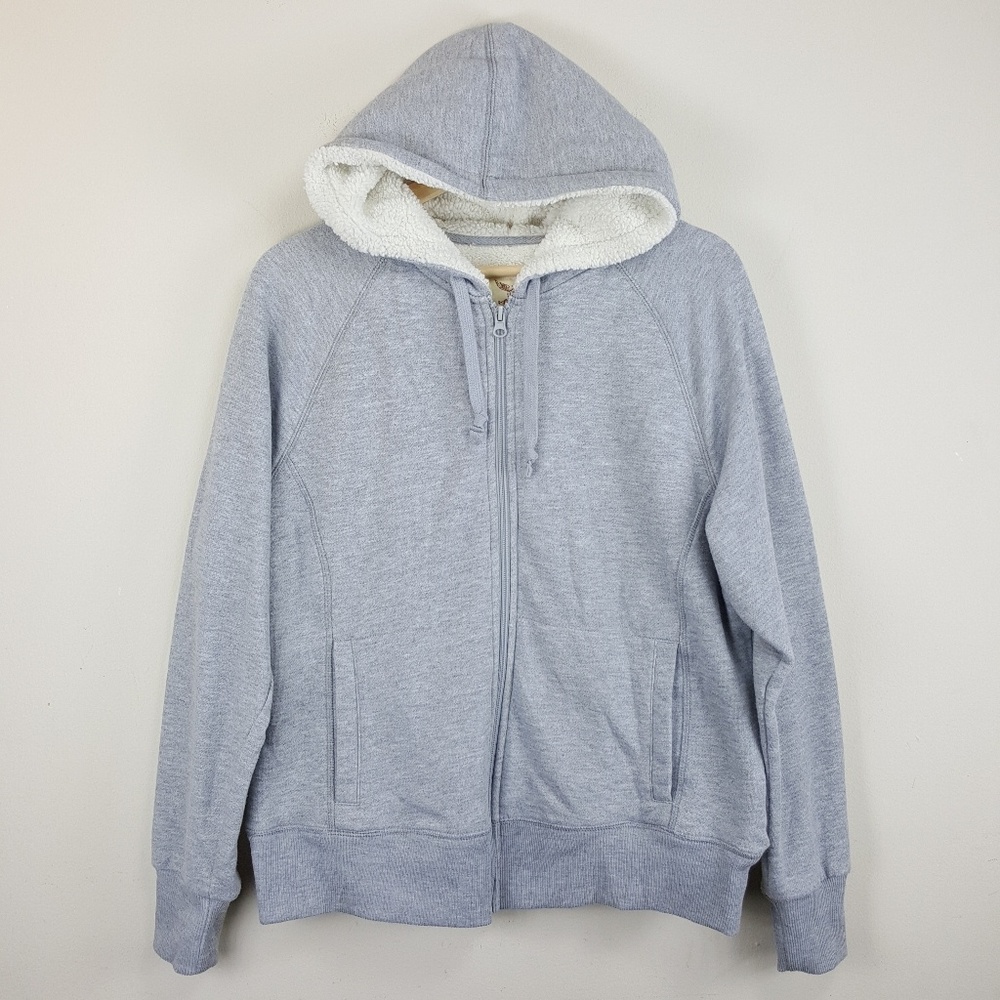 Y2K Faded Glory Fleece Sherpa lined Hoodie Teens Size L 12-14 Gray Preppy Layers